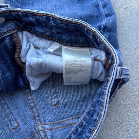 L'AGENCE Women Size 24 Dark Wash Distressed Knee High Rise Straight Leg Jeans - Picture 6 of 8